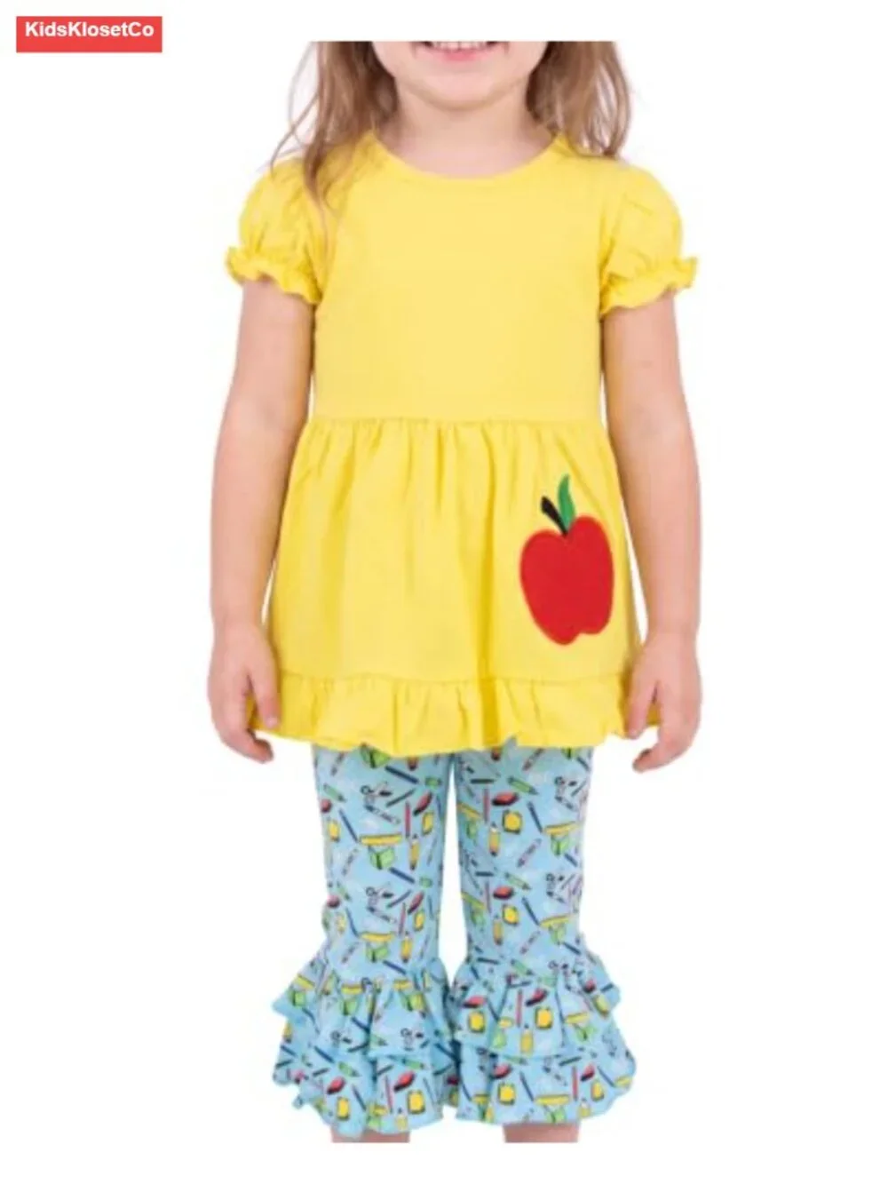Apple Embroidered 2 Piece Outfit Capri Pants Cotton Toddler Back to School